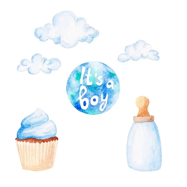 Akvarell baby duschset. Dess en pojke tema med moln, nappflaska och cupcake. För design, utskrift eller bakgrund — Stockfoto