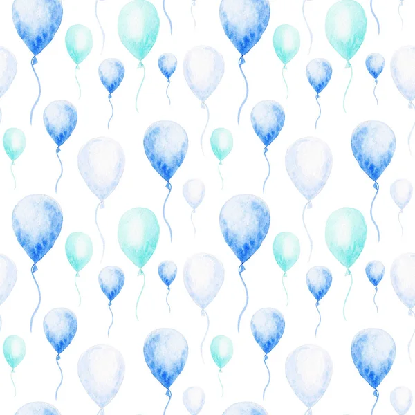 Akvarell baby dusch mönster. Blå ballonger på den vita bakgrunden. För design, utskrift eller bakgrund — Stockfoto