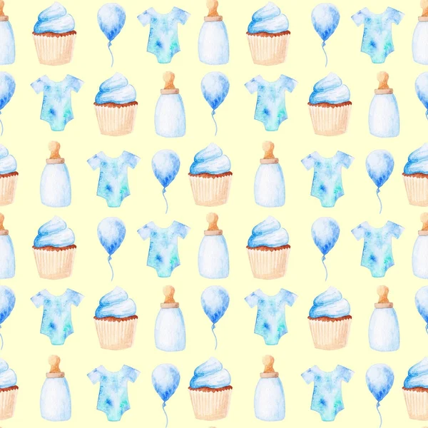Akvarel baby brusebad mønster. Blå balloner, babyflaske og cupcake. Til design, print eller baggrund - Stock-foto