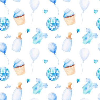 Suluboya bebek duş modeli. Mavi baloons, Biberon ve kek. Tasarım, yazdırma veya arka plan için