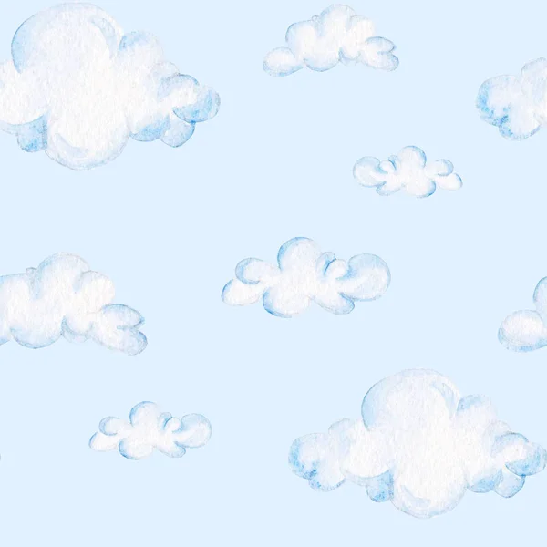 Watercolor baby shower pattern. Blue clouds. For design, print or background — Stock Photo, Image
