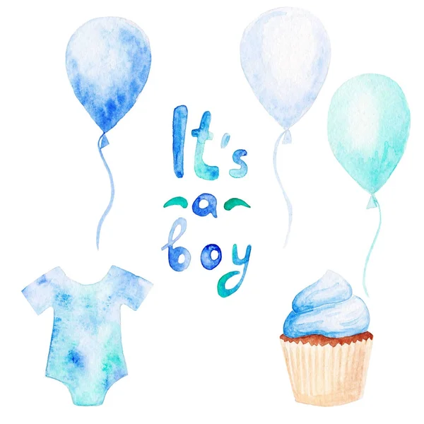 Akvarelu baby sprchový set. Jeho motiv chlapce s balóny, dětské oblečení a košíček. Pro design, tisk nebo pozadí — Stock fotografie