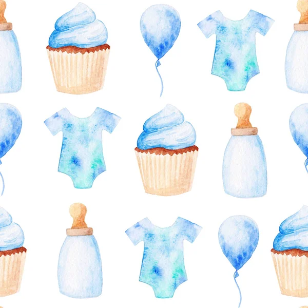 Akvarel baby brusebad mønster. Blå balloner, babyflaske og cupcake. Til design, print eller baggrund - Stock-foto