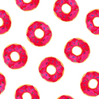 Sulu Boya camlı donuts desen. Pembe tatlı. Tasarım, yazdırma veya arka plan için