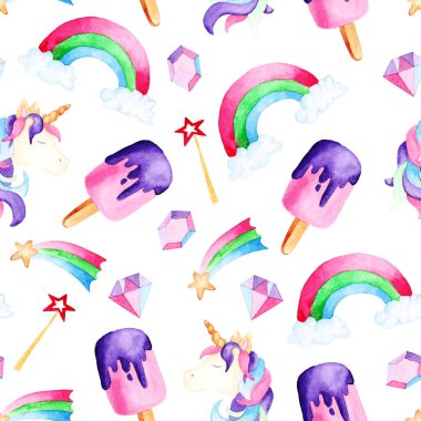 Suluboya sihirli unicorn desen. Tasarım, yazdırma veya arka plan için