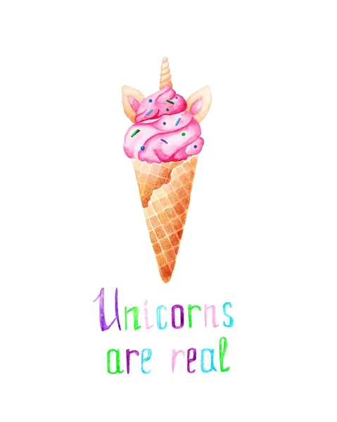 Watercolor unicorn ice cream card. Unicorns are real. For design, print or background — Stock Photo, Image