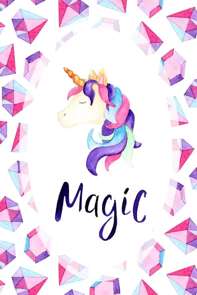 Watercolor unicorn card. Unicorns are magic. For design, print or background — Stock Photo, Image