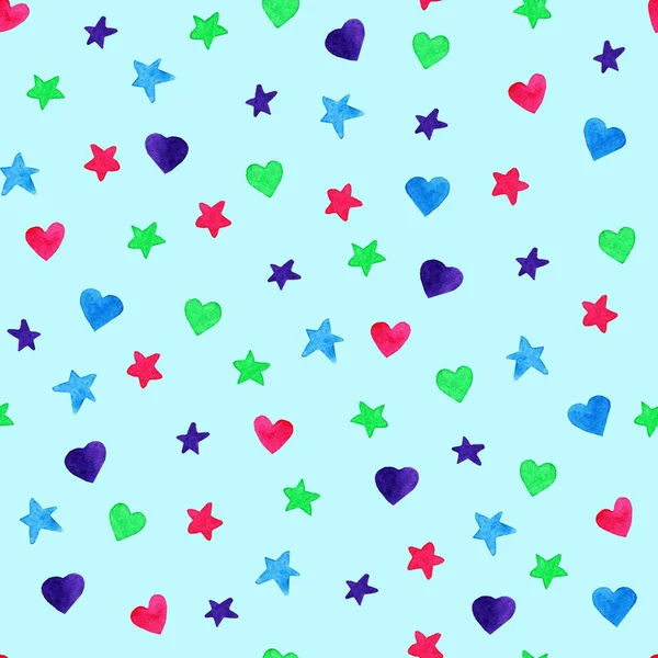 Akvarell hjärtan och stjärnor mönster. För design, utskrift eller bakgrund — Stockfoto