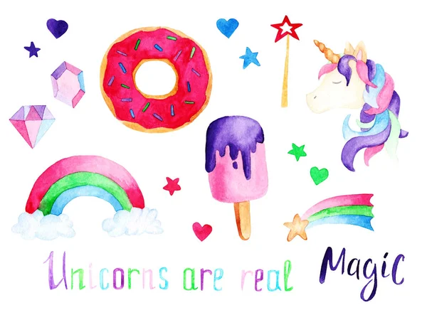 Watercolor unicorn set: ice cream and donut. For design, print or background — Stock Photo, Image