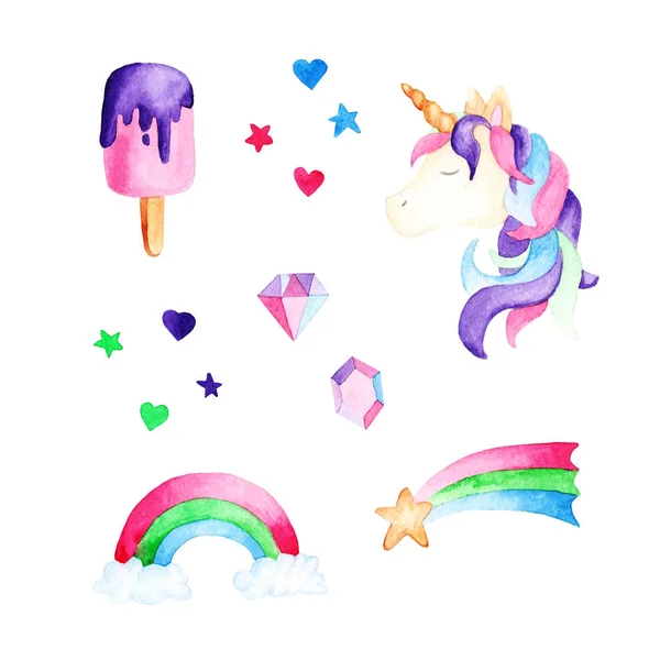 Watercolor unicorn set: ice cream and donut. For design, print or background — Stock Photo, Image