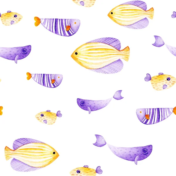 Watercolor different fish pattern. Ultra violet and gold colors. For children design, print or background