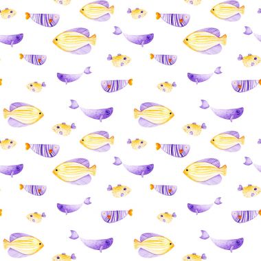 Suluboya farklı balık desen. Ultra mor ve altın renkleri. Çocuk tasarım, yazdırma veya arka plan için
