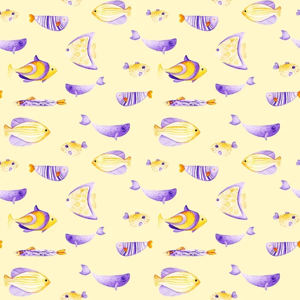 Watercolor different fish pattern. Ultra violet and gold colors. For children design, print or background