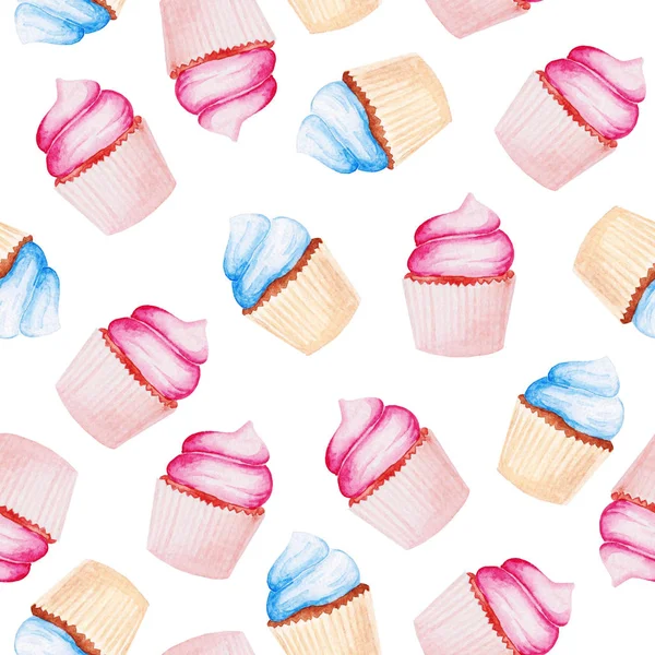 Akvarel baby brusebad mønster. Lyserød og blå cupcake. Til design, print eller baggrund - Stock-foto