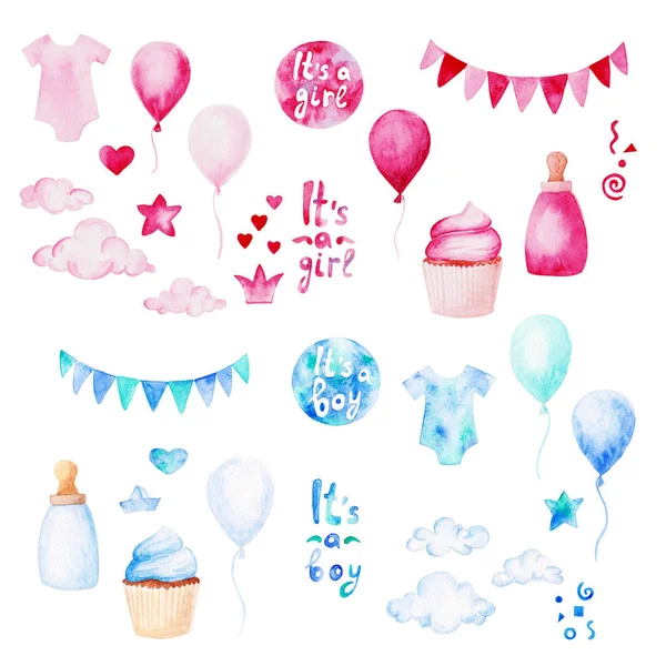 Suluboya bebek duş set. Onun bir erkek ya da kız Tema Balonlar, bebek giysileri ve kek. Tasarım, yazdırma veya arka plan için