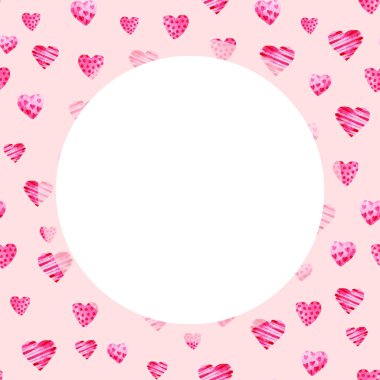 Suluboya St Sevgililer günü çerçevesi. Romantik pembe kalpler. Kartı, tasarım, yazdırma veya arka plan için