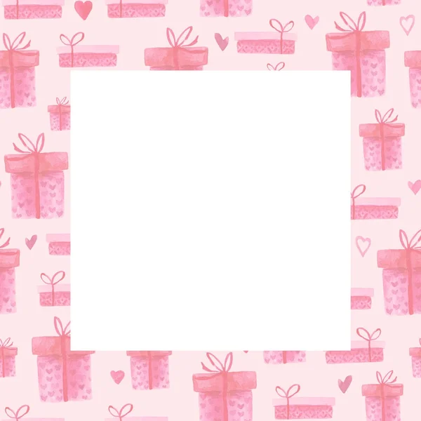 Aquarell st valentines Tagesrahmen. romantische rosa Geschenkschachtel. für Karte, Design, Druck oder Hintergrund — Stockfoto