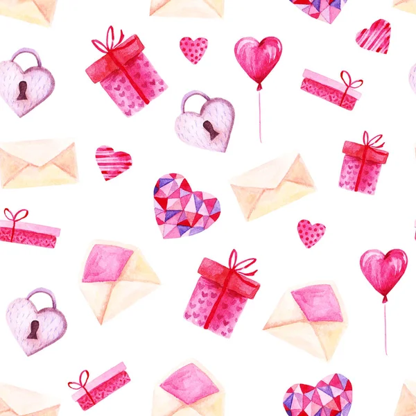 水彩 St 情人节模式。浪漫的粉红色的心, 礼品盒, 信封。用于卡片、设计、打印或背景 — 图库照片
