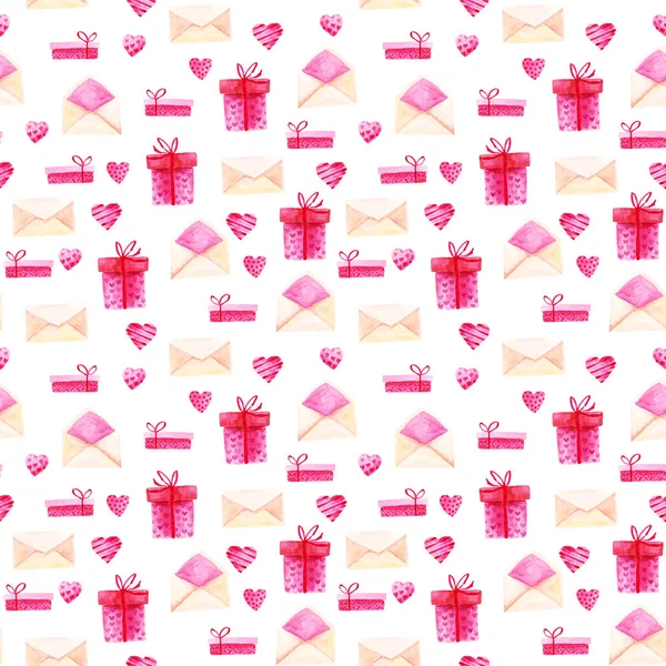 Watercolor St Valentines Day pattern. Romantic pink hearts, gift box, envelope. For card, design, print or background — Stock Photo, Image