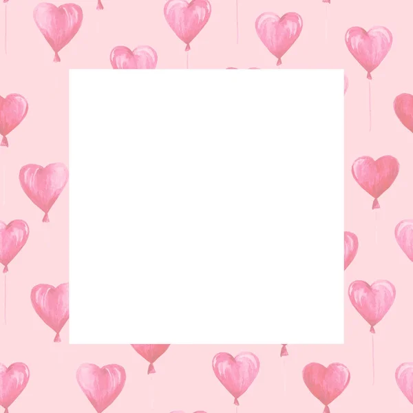 Acquerello San Valentino cornice. Cuori rosa romantici. Per carta, design, stampa o sfondo — Foto Stock