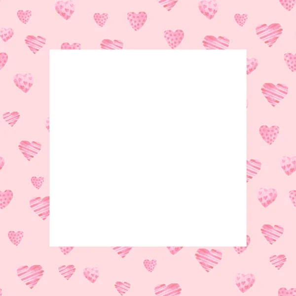 水彩 St 情人节框架。浪漫的粉红色的心。用于卡片、设计、打印或背景 — 图库照片