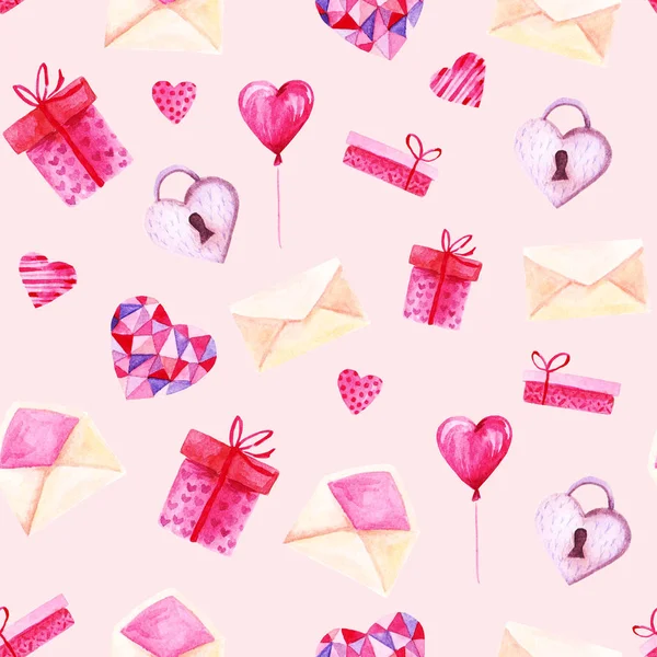 Акварель День Святого Валентина узор. Романтические розовые сердца, подарочная коробка, конверт. Для открыток, дизайна, печати или фона — стоковое фото