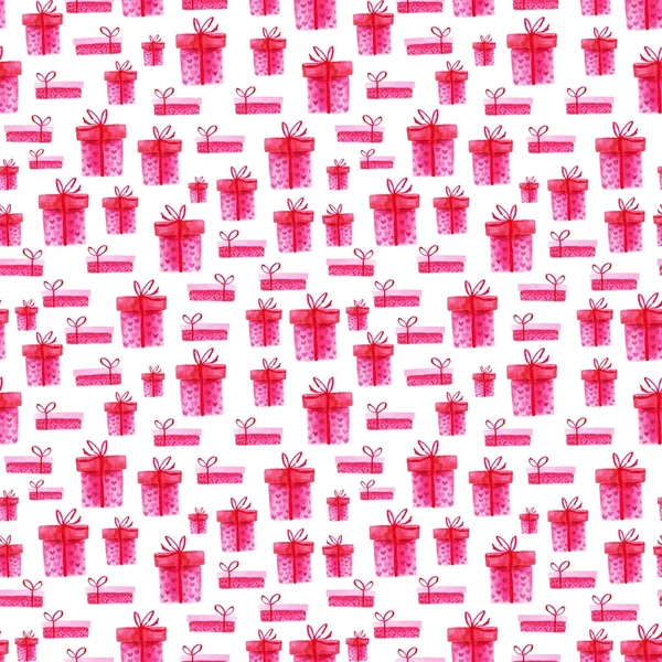 水彩聖バレンタインデーのパターン。ロマンチックなピンクのギフト ボックス。バック グラウンド印刷やデザイン カード — ストック写真