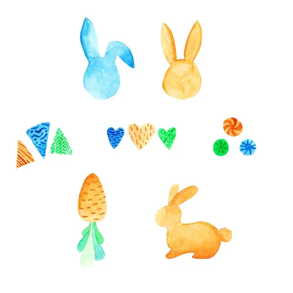 수채화 부활절 세트: 달걀, 토끼, 당근. 디자인, 카드, 인쇄 또는 배경 — 스톡 사진