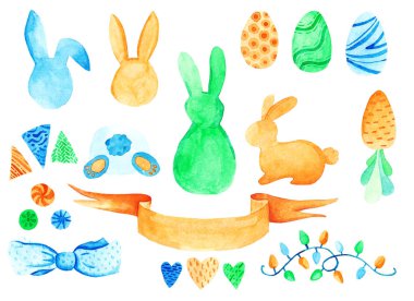 Suluboya Paskalya set: yumurta, tavşan, yay. Tasarım, kartı, Yazdır veya arka plan için