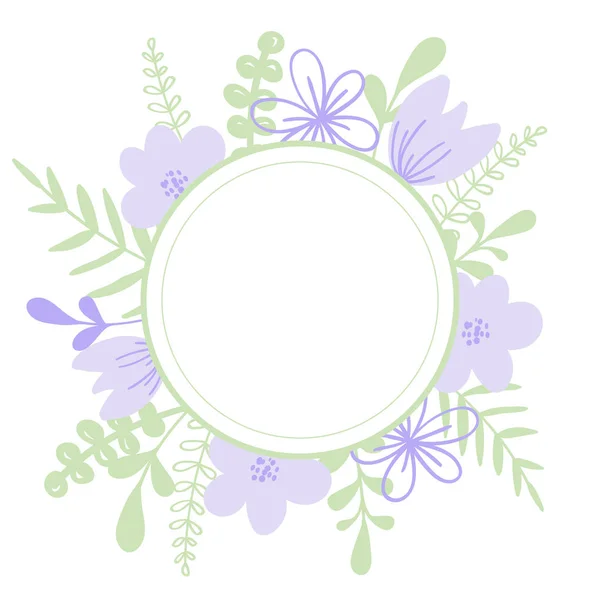 Rundes violettes Vektorgestell mit Blüten und Blättern. Illustration oder Hochzeitseinladungskarte, drucken — Stockvektor