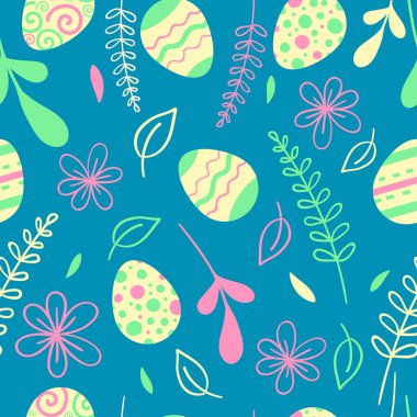 Paskalya çiçekler ile seamless modeli. Yumurta avlamak vektör çizim