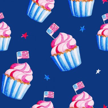 Amerikan Bağımsızlık günü kutlamaları. 4 Temmuz için suluboya cupcake desen