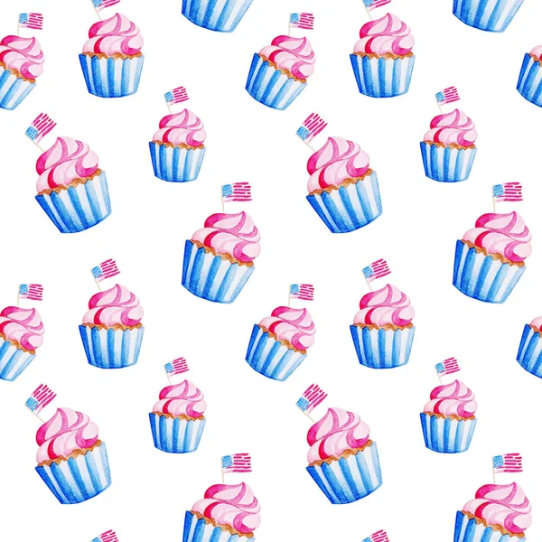 Uafhængighed af USA. Akvarel cupcake mønster for 4. juli. Illustration til ferie, print, banner - Stock-foto