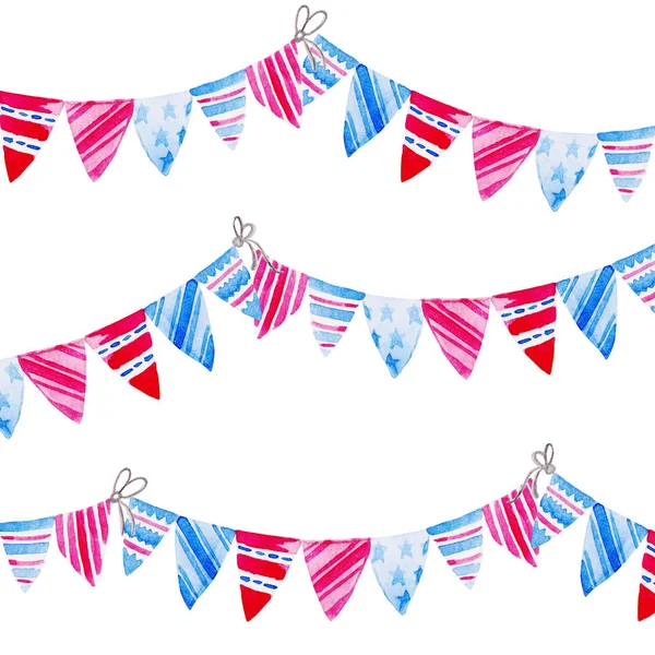 Banderas de acuarela Bunting. Celebración del Día de la Independencia Americana — Foto de Stock