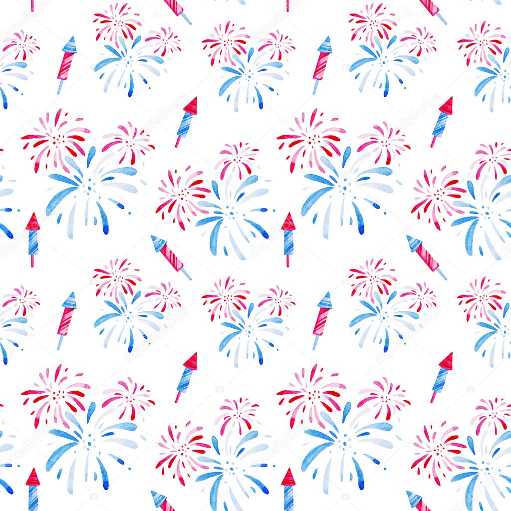 4th of July. Watercolor fireworks festival pattern for holidays, United Stated independence day. Design for print, card, banner