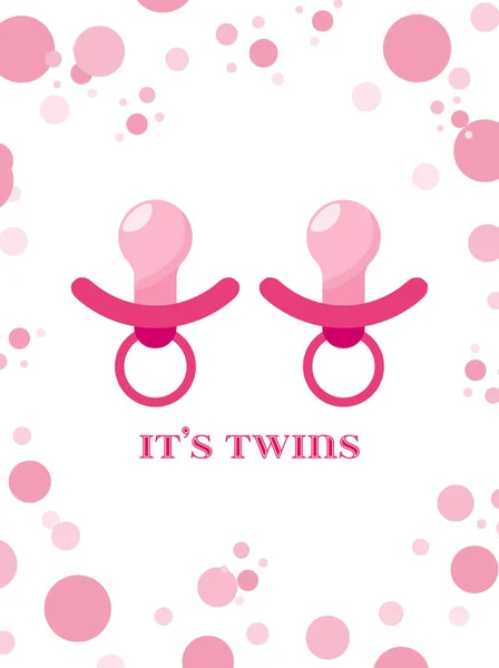 Duas chupetas cor-de-rosa para o convite. É um cartaz de gémeos. — Vetor de Stock