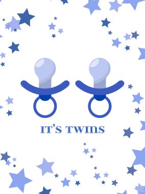 Two blue nipple for baby postcard. It's twins illustration. Invi