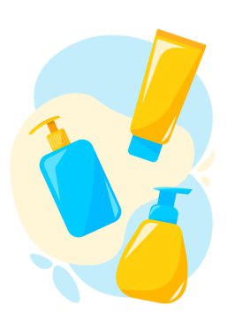 Güneş kremi, mavi ve sarı kozmetik şişeleri, cilt koruması