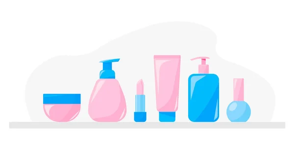 Ensemble de produits - gel, lotion, huile, crème. Femmes visage soins de routine — Image vectorielle