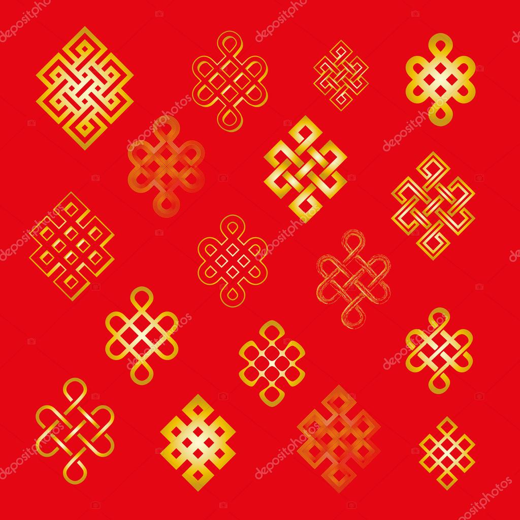 Set collection of the endless knot or eternal knot. Golden yellow sign in different variatons isolated on red background. Vector illustration.