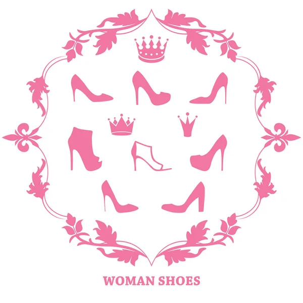 Set of woman shoes silhouettes with crowns in vintage frame. — Stock Vector