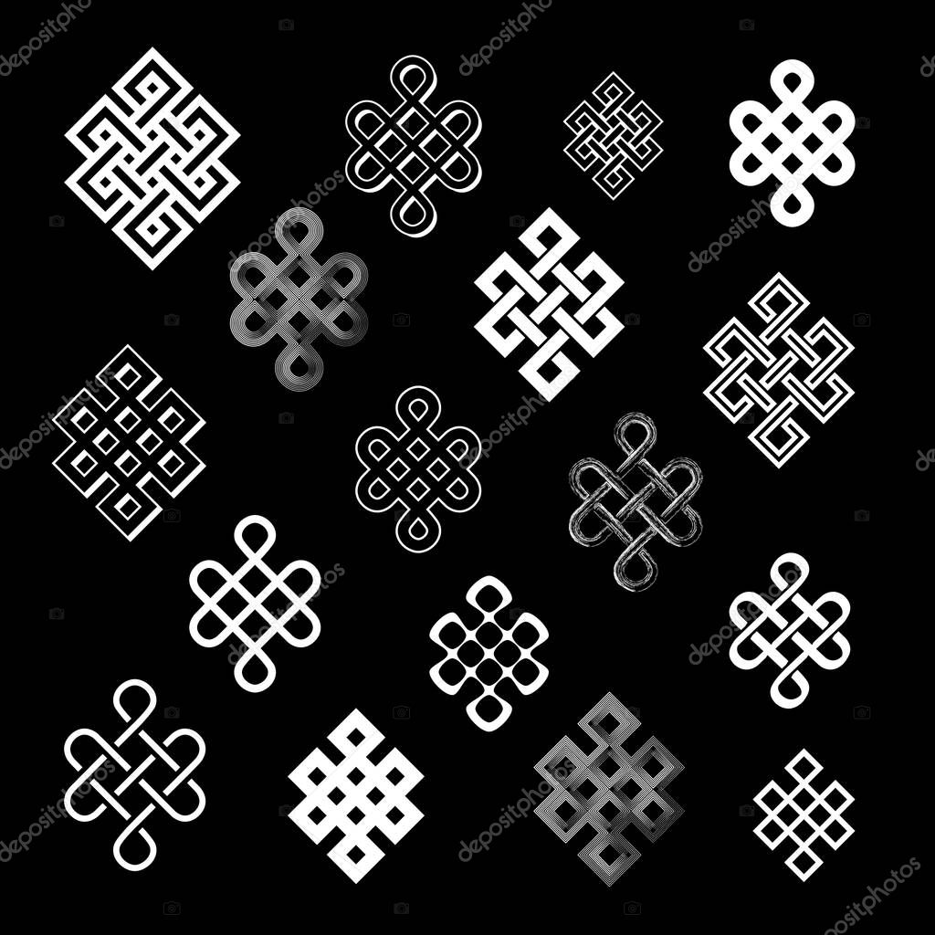 Set collection of the endless knot or eternal knot. White sign in different variatons isolated on black background. Vector illustration.