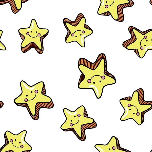Безшовний візерунок з милими усміхненими зірками на фоні whute . — стоковий вектор