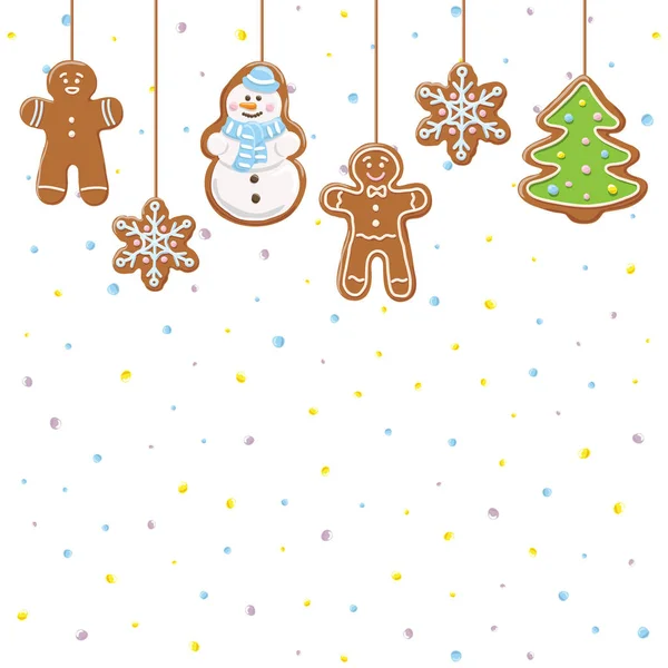 Pendurado homem de gengibre, árvore, boneco de neve e estrelas biscoitos isolados em branco — Vetor de Stock