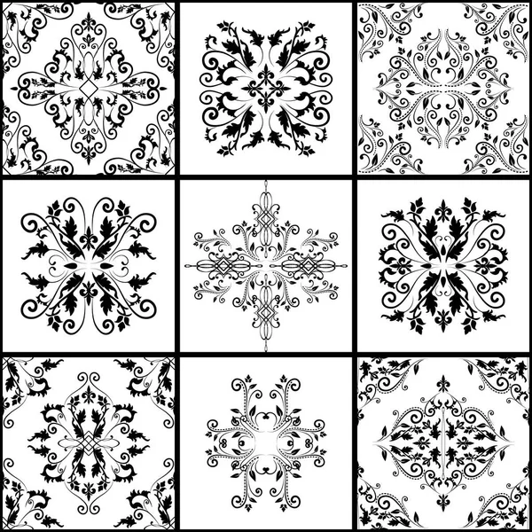 Abstrakt damast mönster uppsättning nio sömlös i retrostil för design — Stock vektor