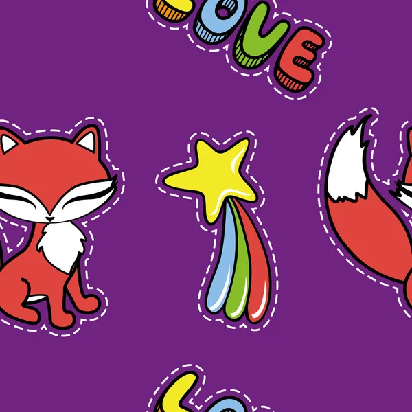 Vzor bezešvé s roztomilý fox a další samolepky izolované na fialové pozadí. — Stockový vektor