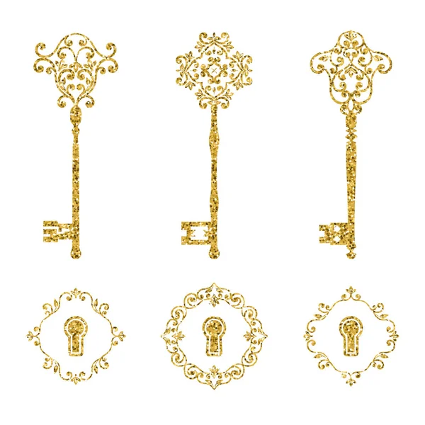 Golden Glitter vintage llaves y cerraduras conjunto. Ilustración vectorial . — Archivo Imágenes Vectoriales