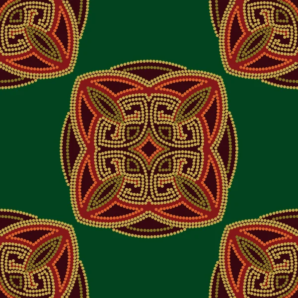 Colourful ethnic seamless pattern background in green and burgundy, orange colors — Stock Vector