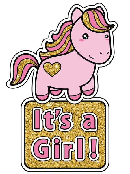 E 'una ragazza. Luminoso rosa e oro glitter baby shower invito card con carino cartone animato kawaii pony . — Vettoriale Stock