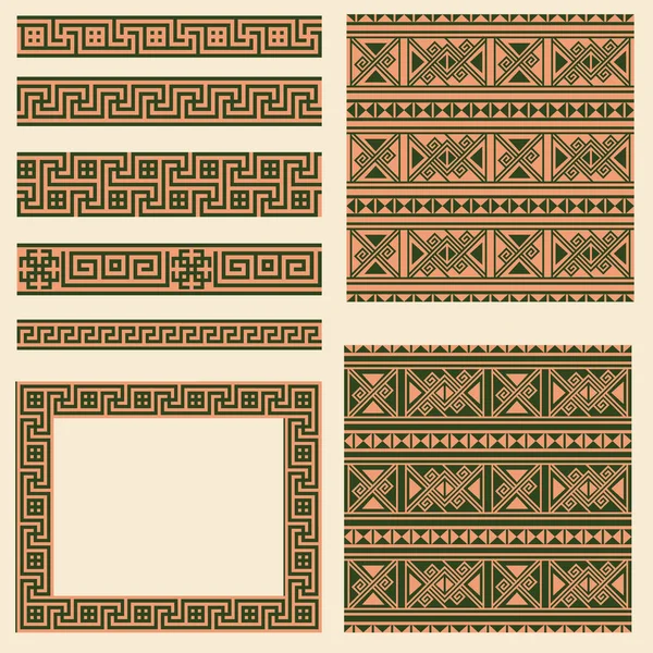 Coleções de conjuntos vetoriais de elementos de design étnicos da Grécia. Padrão sem costura ornamental, moldura e bordas — Vetor de Stock